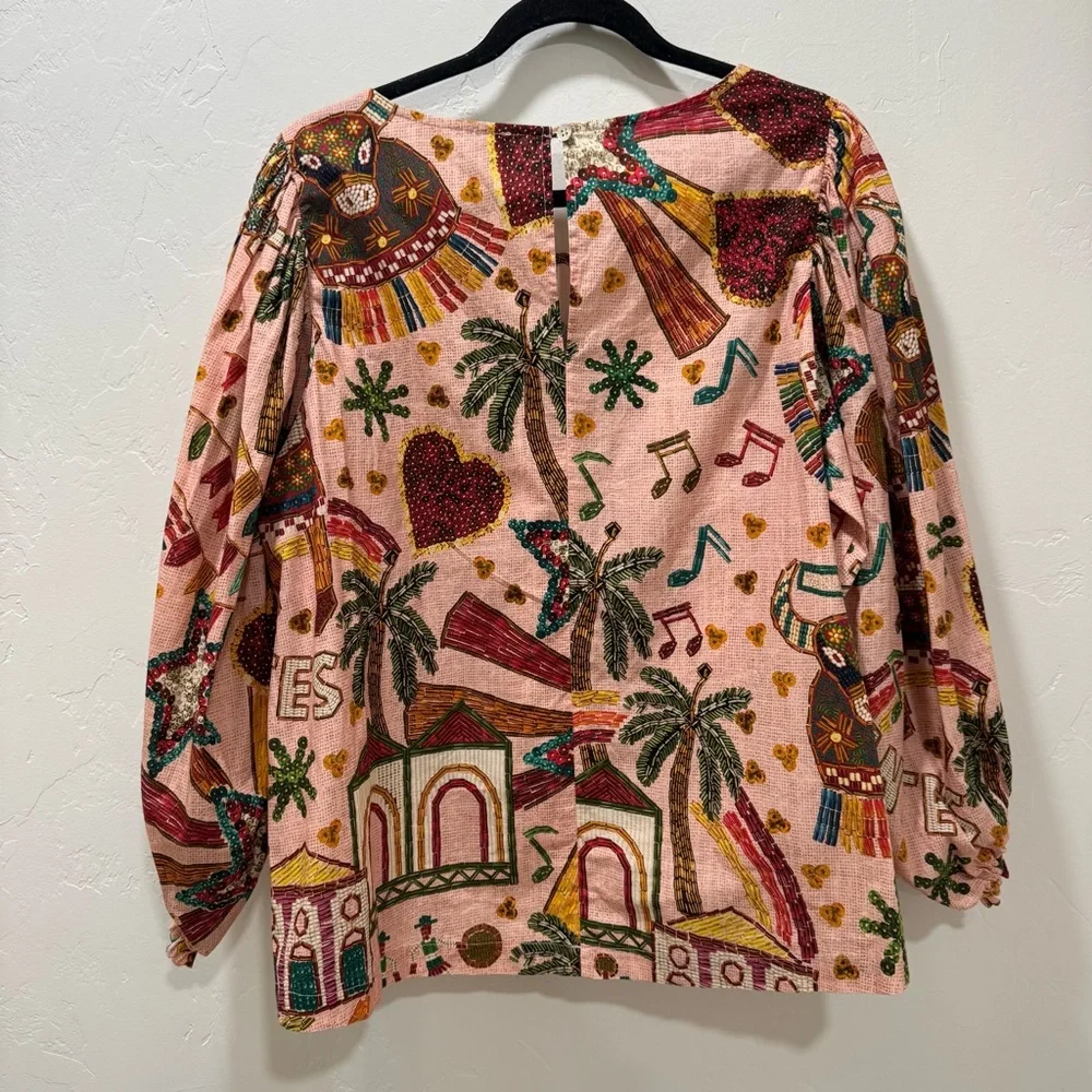 EUC FARM Rio Women's Size G (Med/Large) Printed Blouse Multi Color Puff Sleeves